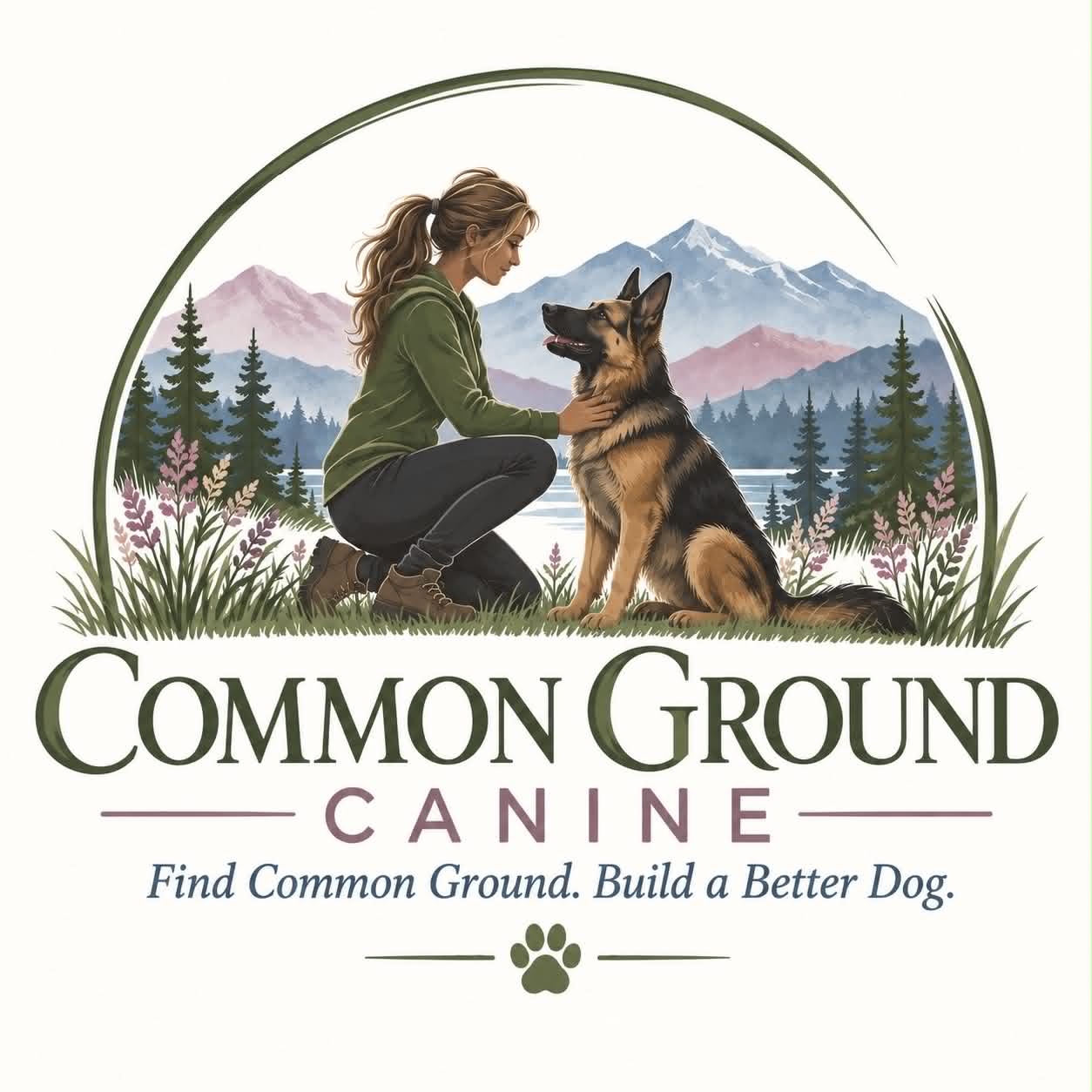 Common Ground Canine logo: a trainer and German Shepherd in the Pacific Northwest mountains
