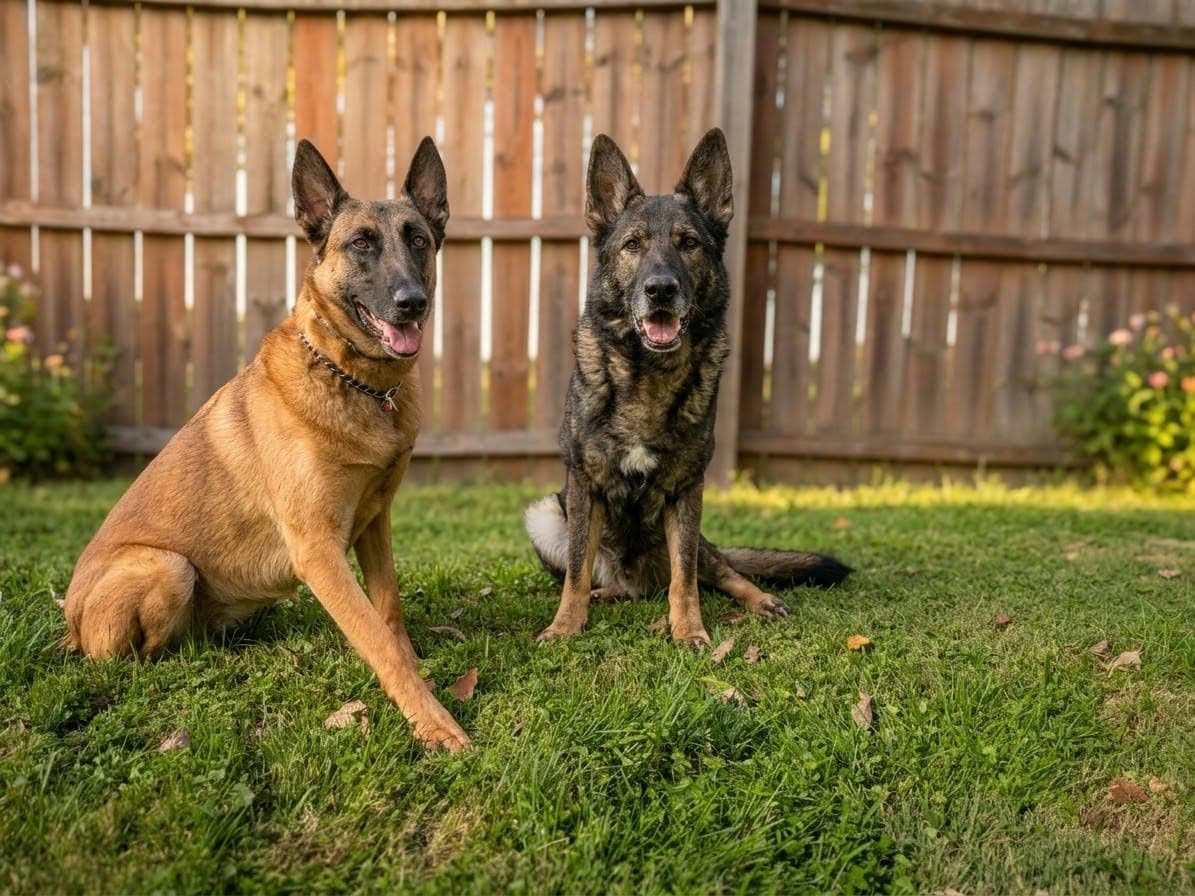 Two dogs trained by Common Ground Canine sitting together in a Dayton backyard